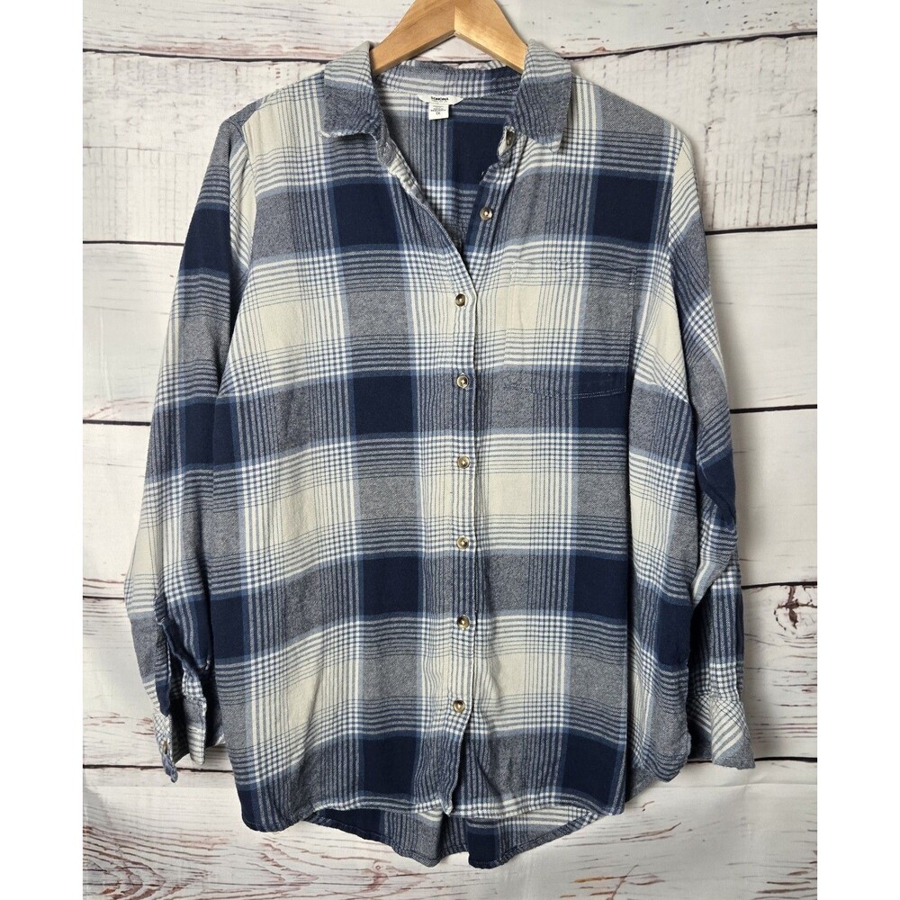 Sonoma Womens Shirt 1X Blue White Plaid Supersoft Flannel Shirt Long Sleeve